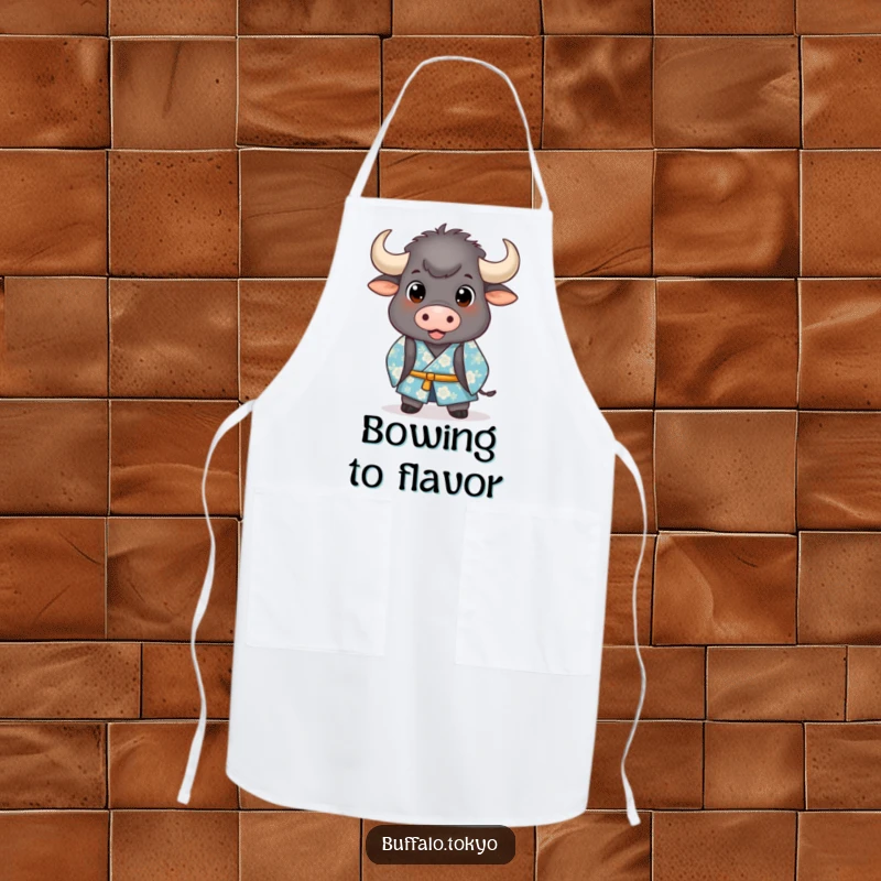 Funny Apron: A stout buffalo in a blue floral kimono gracefully bowing while ready to cook.
