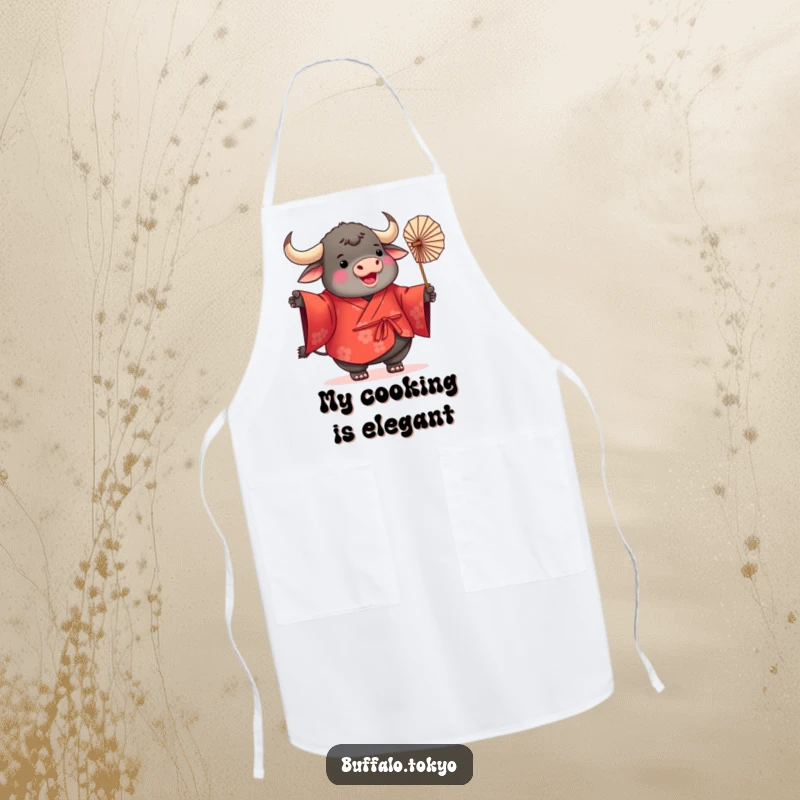 Funny Buffalo Kimono Apron featuring a plump, round buffalo dressed in a vibrant red kimono, joyfully twirling a delicate paper fan, perfect for cooking.