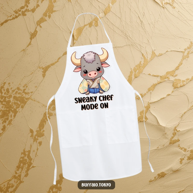 Funny buffalo peeking from behind a patterned kimono, decorating a humorous kitchen apron.
