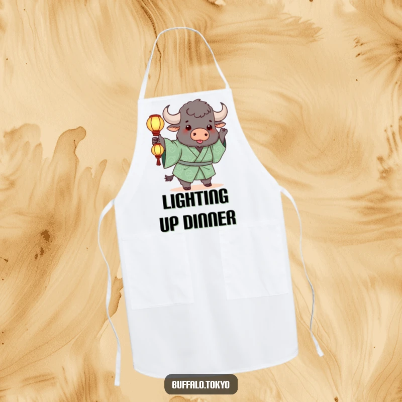 Funny Apron: A chunky buffalo in a green kimono playfully tossing a glowing lantern while cooking.
