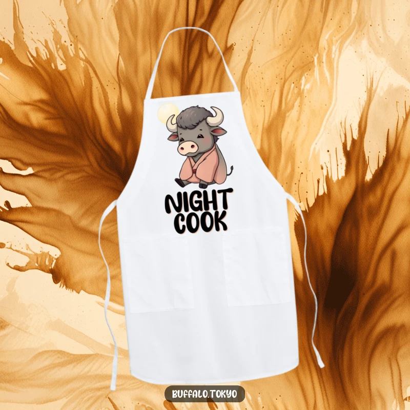 Funny apron showcasing a contented buffalo in a kimono, peacefully gazing at a stylized moon, perfect for calm cooking.