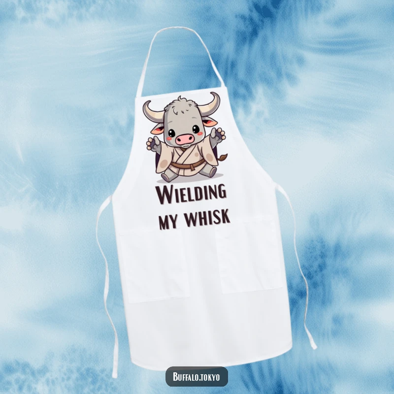 Funny apron showing a stylized buffalo in a dynamic kimono, ready to cook with a warrior's spirit and a humorous flair.