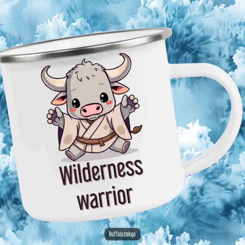 Funny camping mug featuring a stylized buffalo in a dynamic kimono pose, built for adventure and adding humor to outdoor activities.