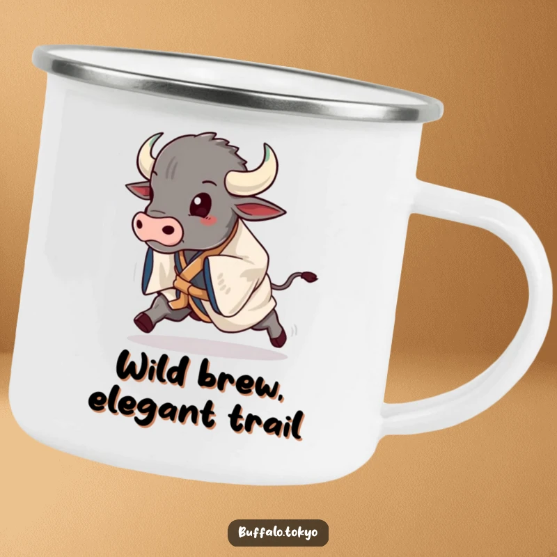 Funny buffalo in a striking kimono, mid-stride, ready for adventure on a durable camping mug.