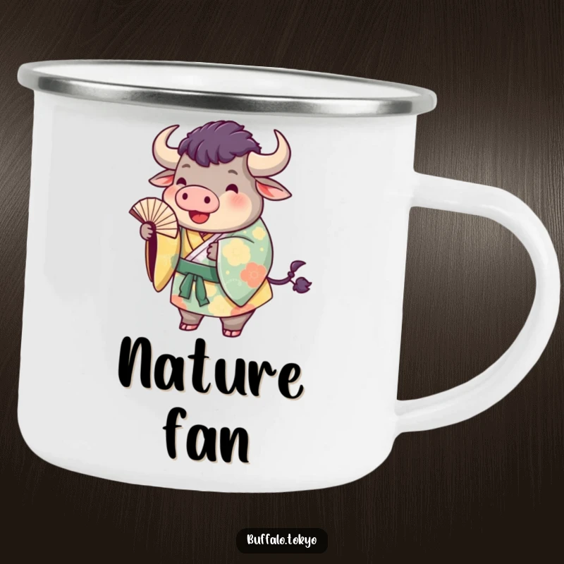 Funny buffalo kimono camping mug, featuring a plump buffalo in a colorful kimono playfully tossing a fan. Durable and unique.