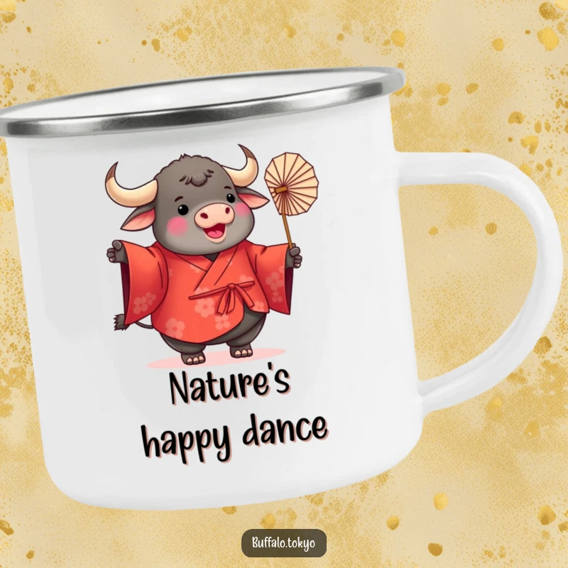 Funny Buffalo Kimono Camping Mug featuring a plump, round buffalo in a vibrant red kimono, joyfully twirling a delicate paper fan, designed for outdoor use.