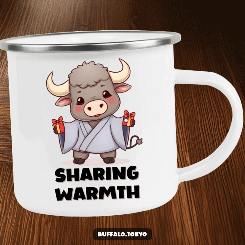 Funny camping mug featuring a friendly buffalo in a kimono, offering a decorated gift, for sharing warmth and humor outdoors.