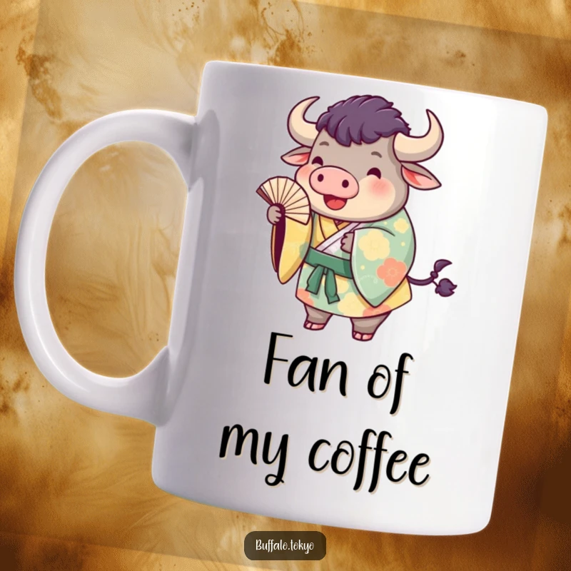 Funny buffalo in a colorful kimono, playfully tossing a fan, depicted in a charming and whimsical art style.