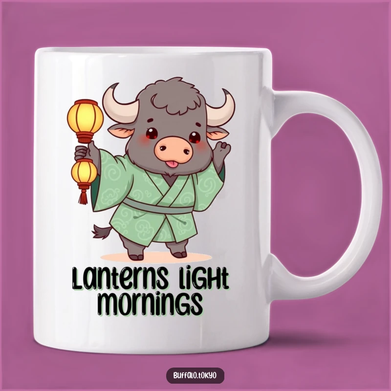 Funny Buffalo Lantern Toss Mug: Whimsical Green Kimono Character Gift for Joyful Mornings