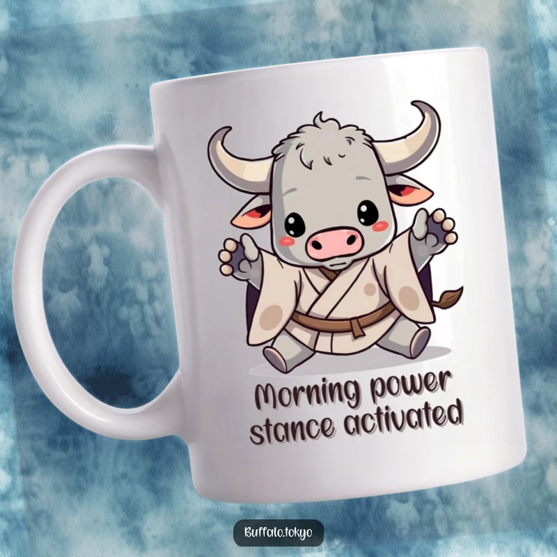 Funny mug featuring a stylized buffalo in a dynamic kimono pose, ready for action with outstretched paws, embodying strength and humor.
