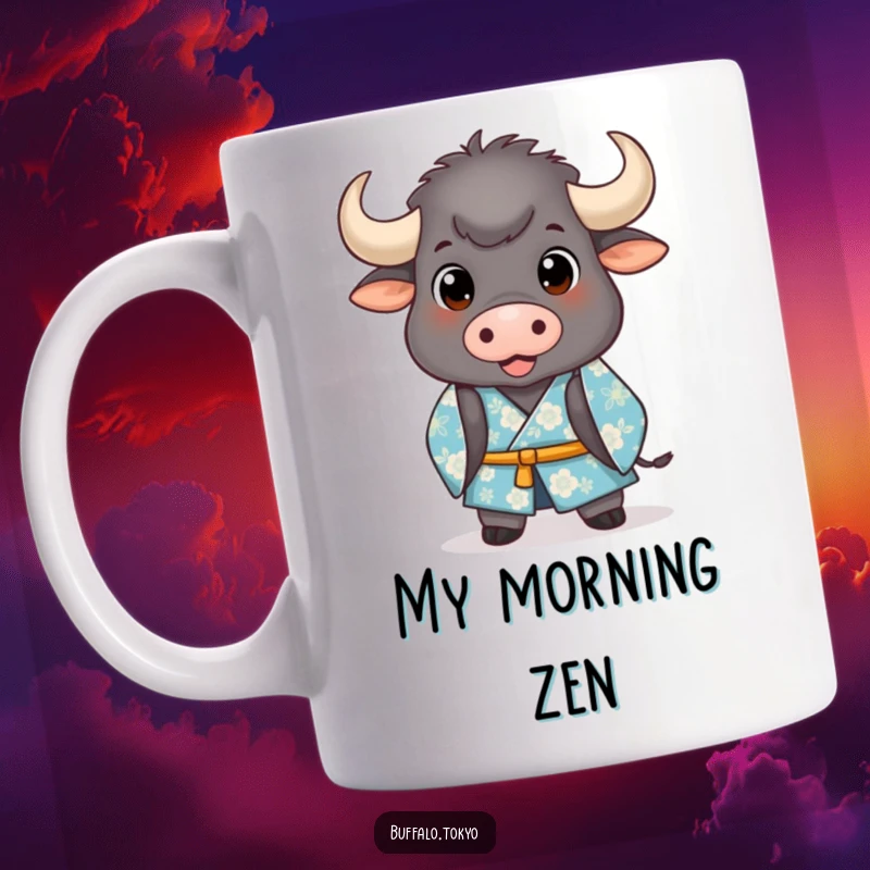 Funny Mug: A stout buffalo with happy eyes, wearing a blue floral kimono, bowing politely, exuding cheerful charm.