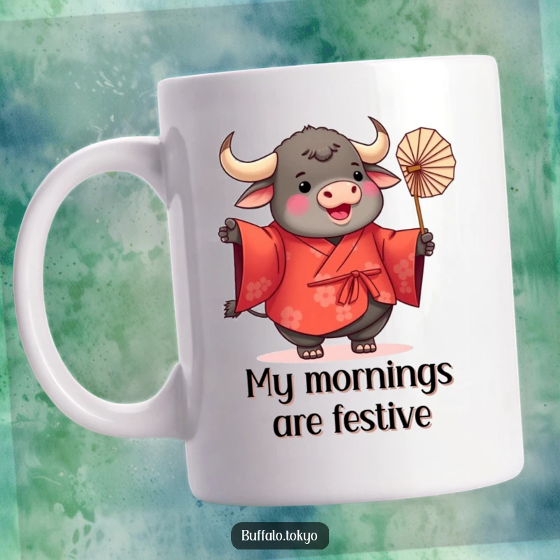 Funny Buffalo Kimono Mug with a plump, round buffalo wearing a vibrant red kimono, joyfully twirling a delicate paper fan in a whimsical scene.