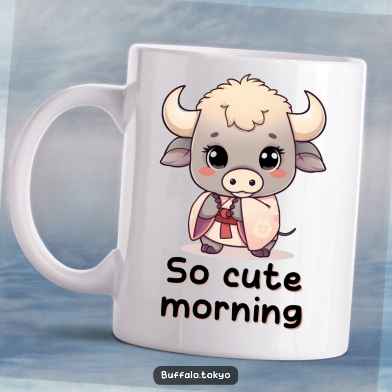 Funny kawaii buffalo mug featuring a cute buffalo with wide eyes, gently holding a delicate kimono sleeve. Adorable and sweet.