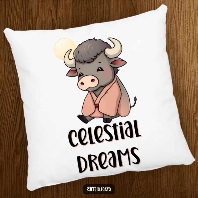 Funny pillow featuring a contented buffalo in a kimono, gazing at a stylized moon, offering serene comfort and gentle humor.