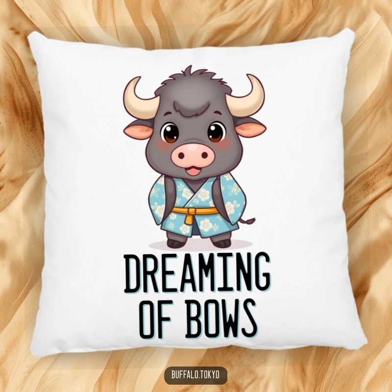 Funny Pillow: A stout buffalo with cheerful eyes in a blue floral kimono bowing with amusing politeness.