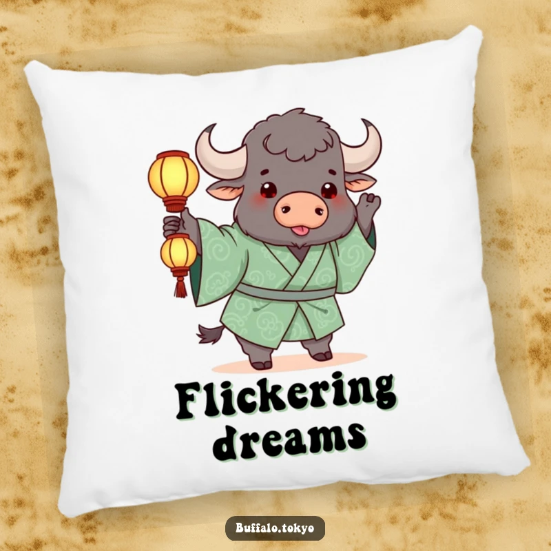 Funny Pillow: A chunky buffalo in a green kimono playfully tossing a glowing lantern with cute delight.