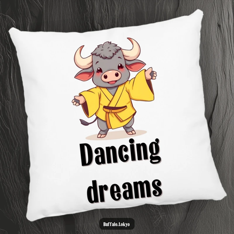 Funny Pillow: A cheerful buffalo in a yellow kimono with wide sleeves in a fun, whimsical dance pose.