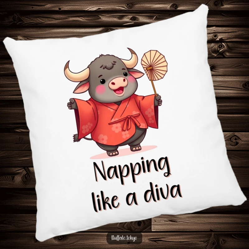 Funny Buffalo Kimono Pillow with a plump, round buffalo wearing a vibrant red kimono and twirling a delicate paper fan, offering comfort and cute decor.