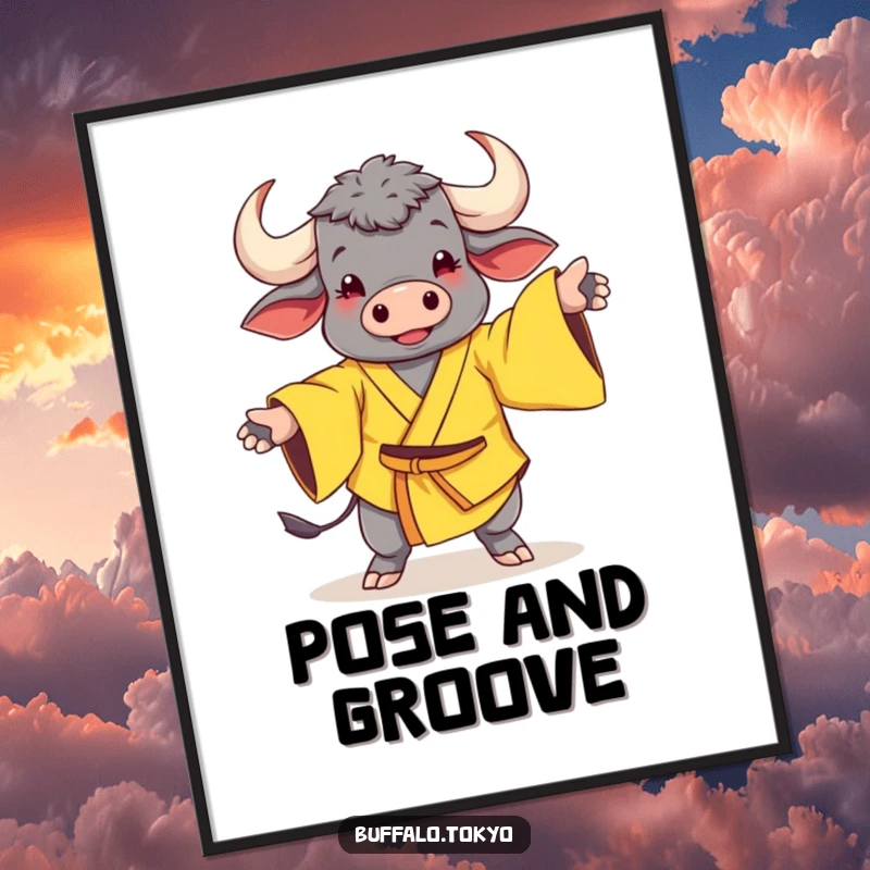 Funny Digital Art: A cheerful buffalo in a yellow kimono with wide sleeves striking a whimsical dance pose.