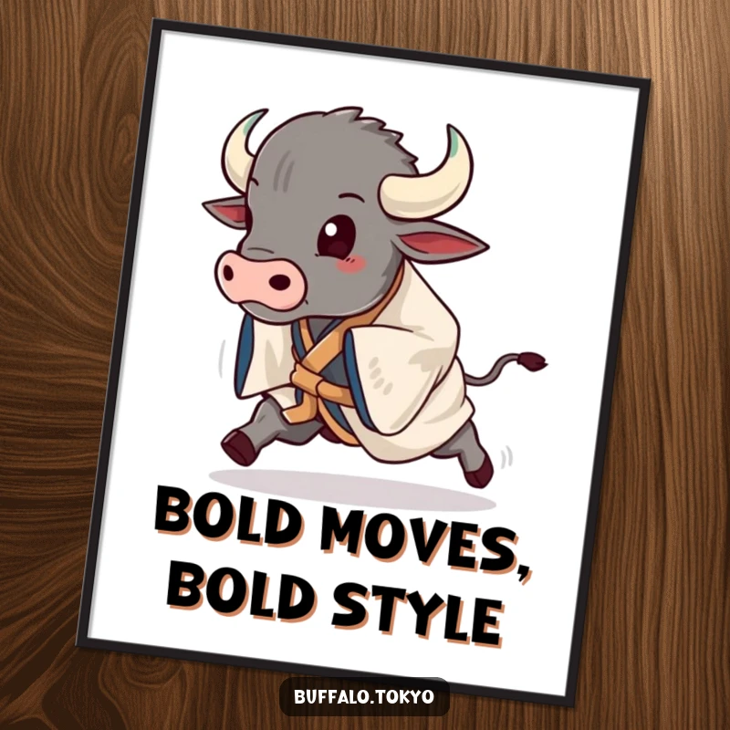 Funny buffalo in a striking kimono, mid-stride, captured in a dynamic, humorous digital art print.