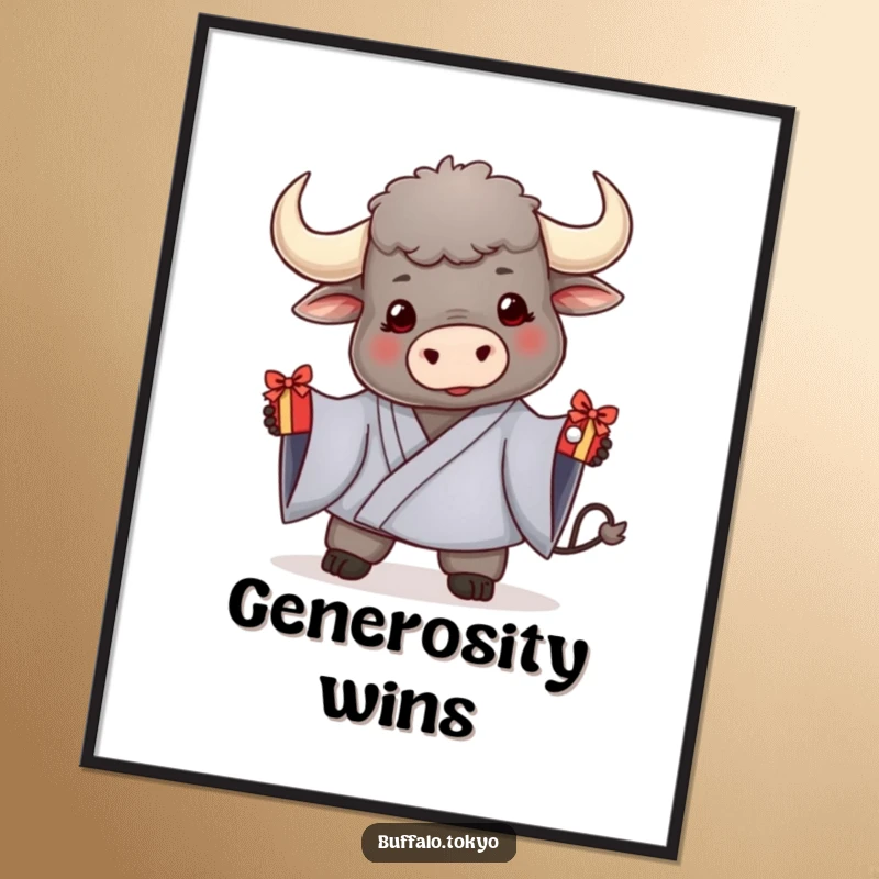 Funny digital art print of a friendly buffalo in a kimono, offering a decorated gift, for instant heartwarming decor.