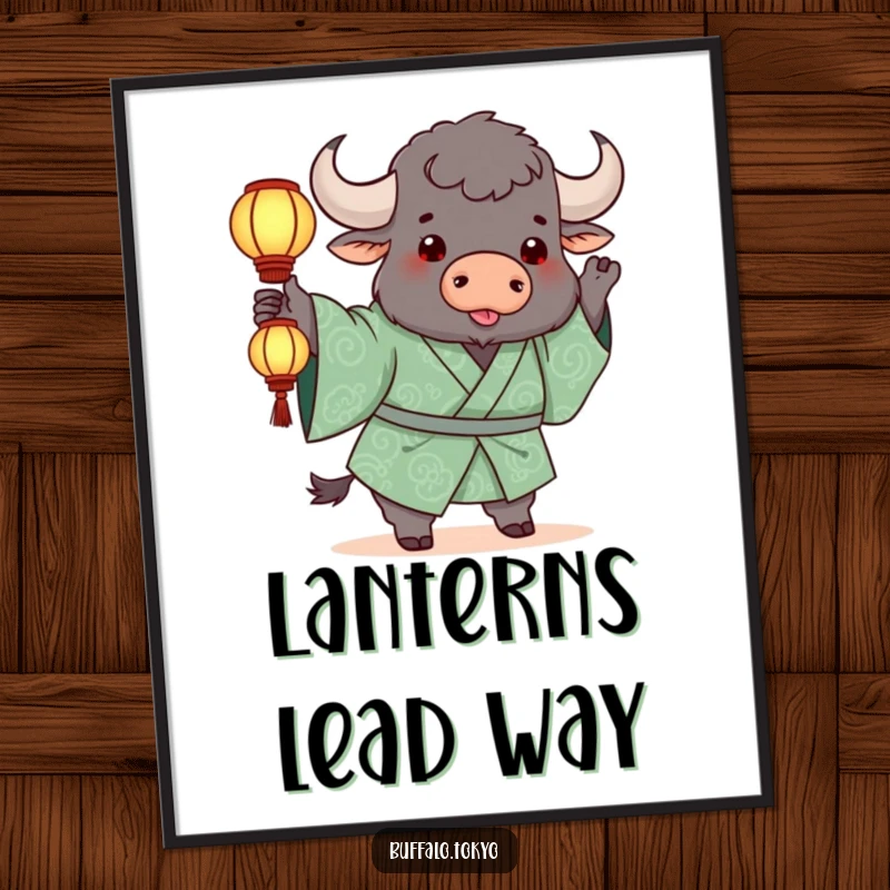 Funny Digital Art: A chunky buffalo in a green kimono playfully tossing a luminous lantern with joyful abandon.