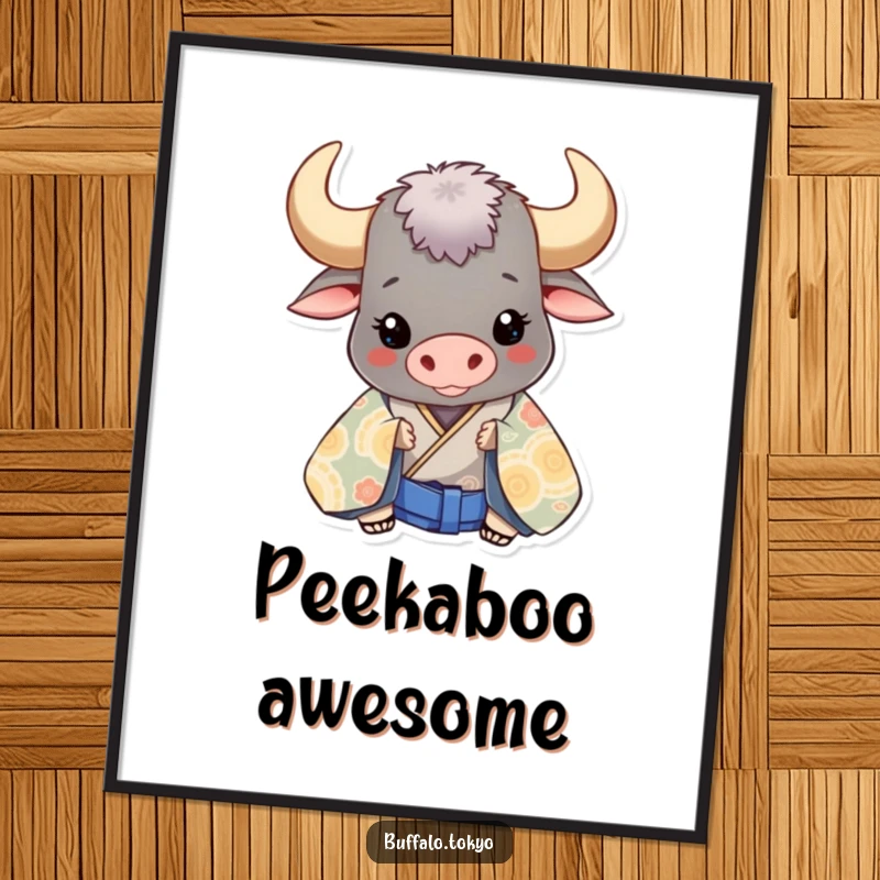 Funny buffalo character peeking from behind a large, patterned kimono, a humorous digital art print.