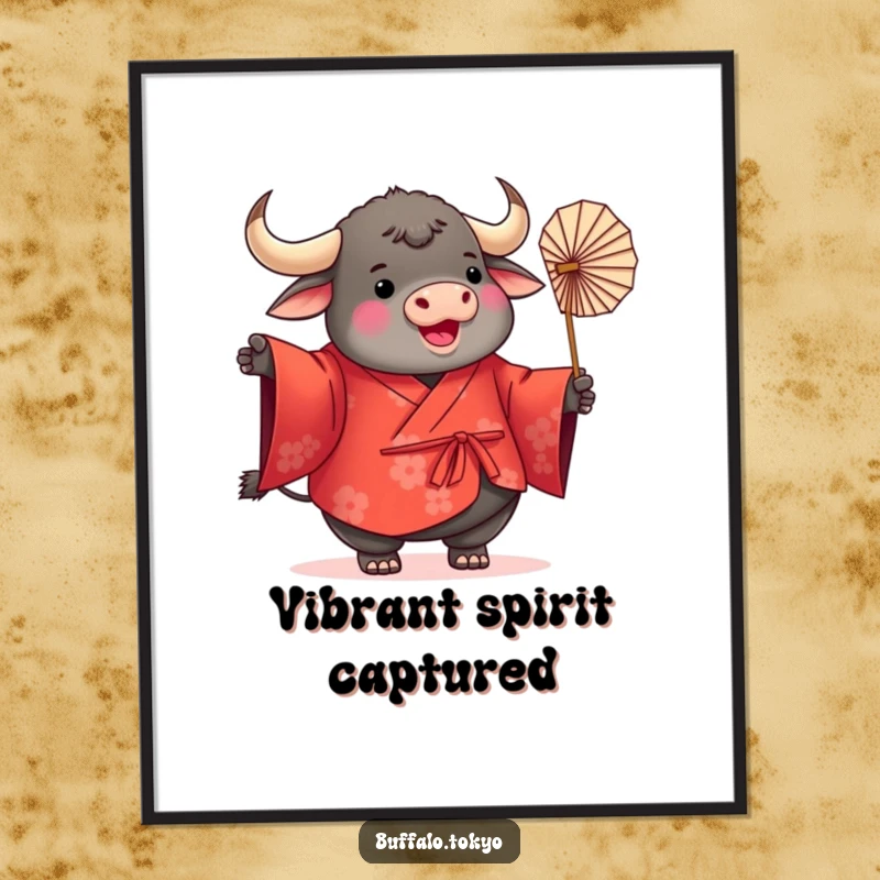 Funny Buffalo Kimono Digital Art Print featuring a plump, round buffalo dressed in a vibrant red kimono, joyfully twirling a delicate paper fan, ready for framing.