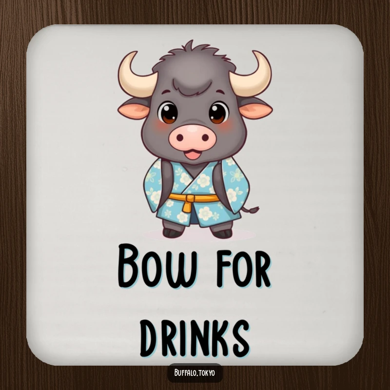 Funny Coaster: A stout buffalo in a blue floral kimono bowing with amusing grace, protecting surfaces.
