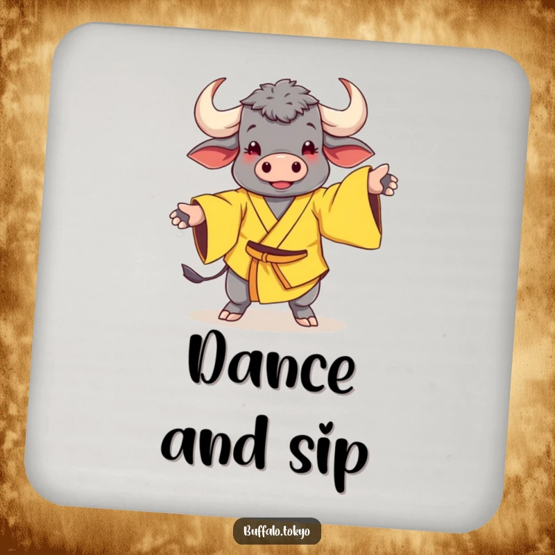Funny Coaster: A cheerful buffalo in a yellow kimono with wide sleeves in a fun dance pose, protecting surfaces.