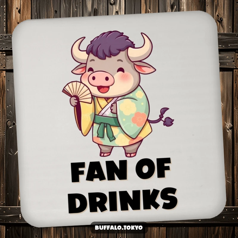 Funny buffalo kimono coasters featuring a plump buffalo in a colorful kimono playfully tossing a fan. Artistic surface protection.