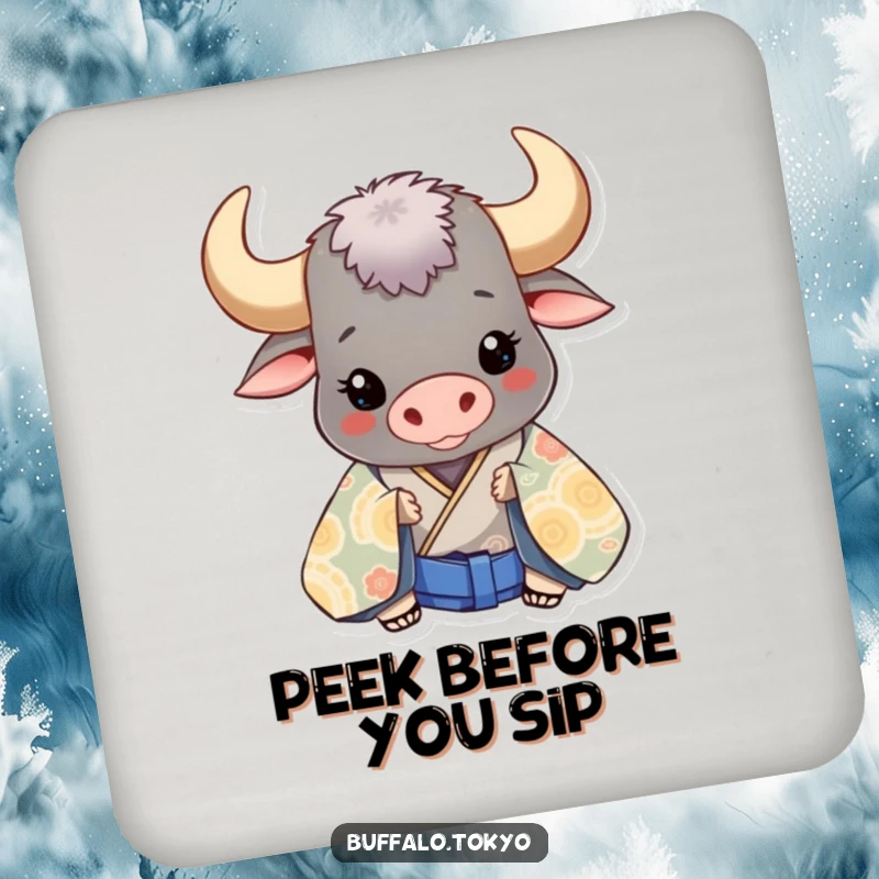 Funny buffalo peeking from behind a patterned kimono, depicted on a humorous drink coaster.