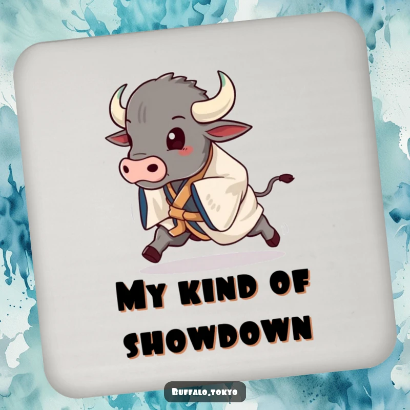 Funny buffalo striking a dynamic kimono pose mid-stride, depicted on a humorous drink coaster.