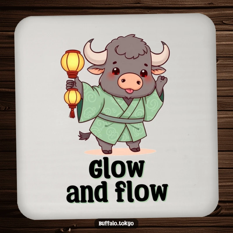 Funny Coaster: A chunky buffalo in a green kimono playfully tossing a glowing lantern, protecting surfaces.