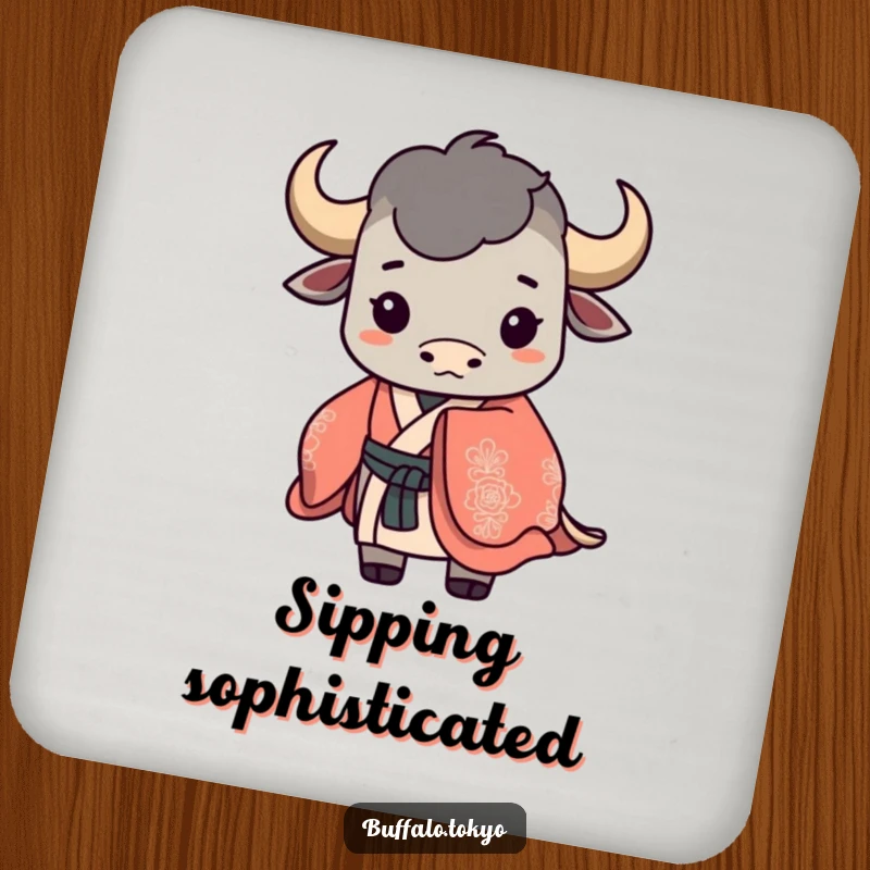 Funny buffalo silhouette coasters featuring a stylized buffalo wearing a flowing, ornate kimono. Elegant surface protection.