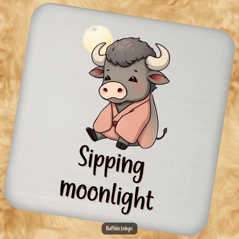 Funny drink coaster featuring a contented buffalo in a kimono, gazing at a stylized moon, offering serene protection.