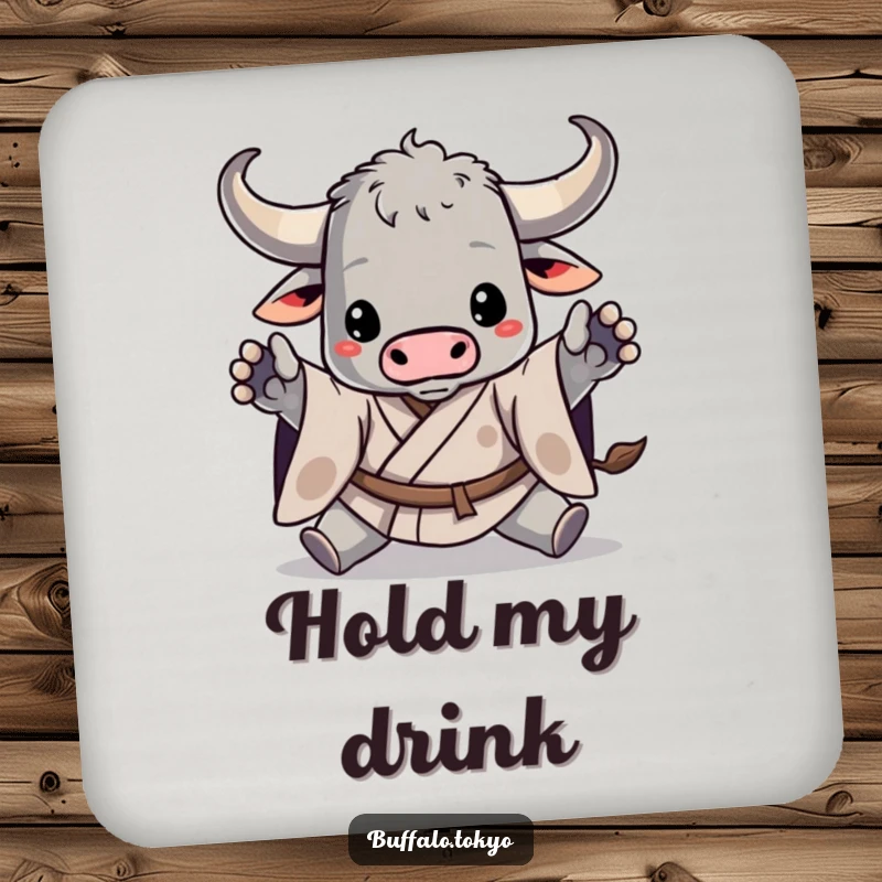 Funny drink coaster featuring a stylized buffalo in a dynamic kimono pose, offering surface protection with a humorous warrior flair.