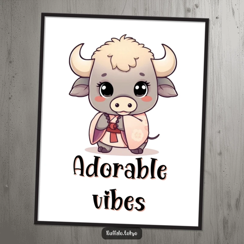 Funny kawaii buffalo poster featuring a cute buffalo with wide eyes, gently holding a delicate kimono sleeve. Adorable wall art.