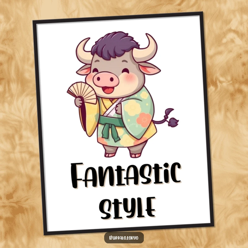 Funny buffalo kimono poster depicting a plump buffalo in a colorful kimono, playfully tossing a fan. Charming wall art.