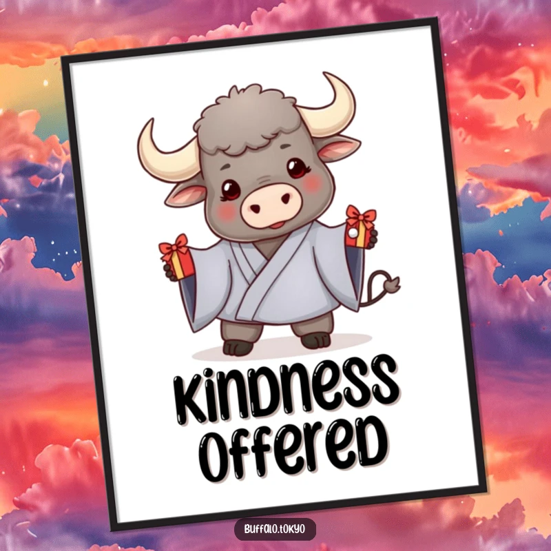 Funny poster of a friendly buffalo in a kimono, offering a small, decorated gift, symbolizing kindness and good cheer.