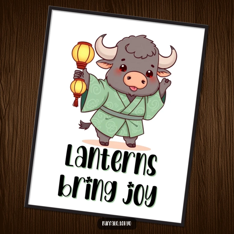 Funny Poster: A chunky buffalo in a green patterned kimono playfully tossing a luminous lantern with a joyful expression.