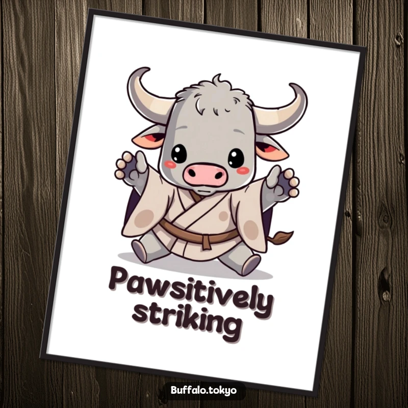 Funny poster of a stylized buffalo in a kimono striking a dynamic action pose, adding a humorous and artistic touch to any room.
