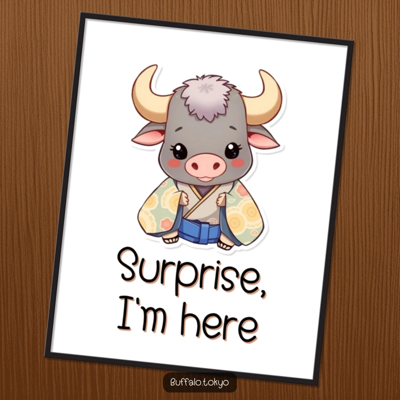 Funny buffalo character peeking from behind a large, patterned kimono, creating humorous wall art.