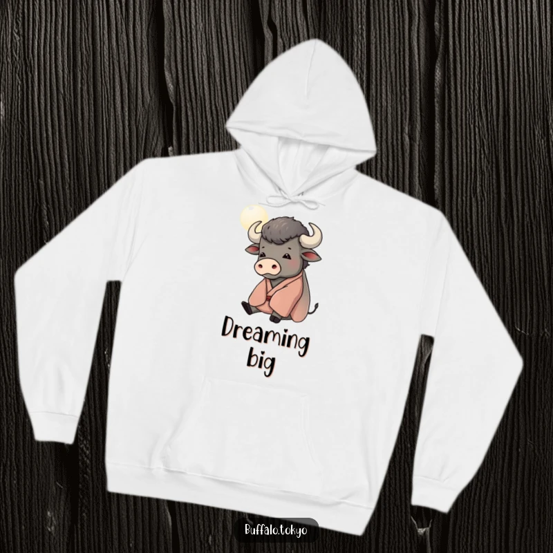 Funny hoodie featuring a contented buffalo in a kimono, gazing at a stylized moon, providing cozy comfort and quiet humor.