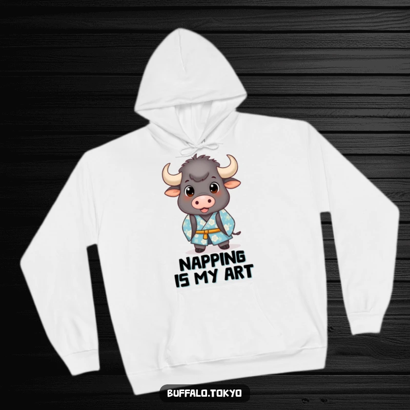 Funny Hoodie: A stout buffalo with wide, happy eyes wearing a blue floral kimono bowing with comical dignity.