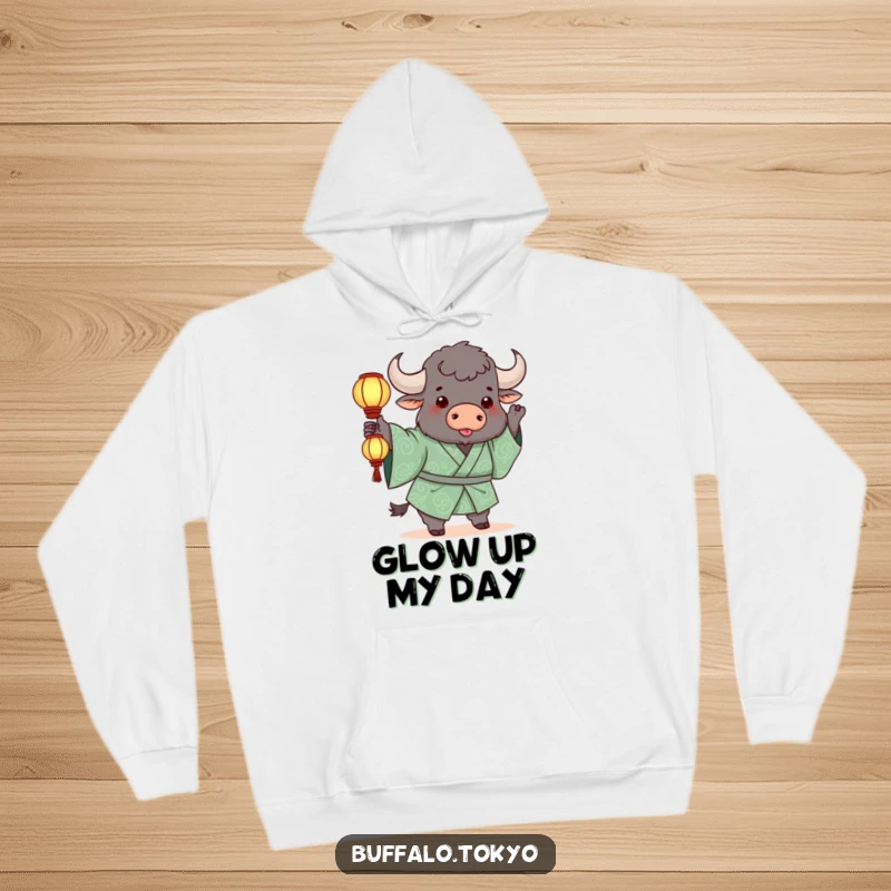 Funny Hoodie: A chunky buffalo in a green patterned kimono playfully tossing a luminous lantern with a smile.