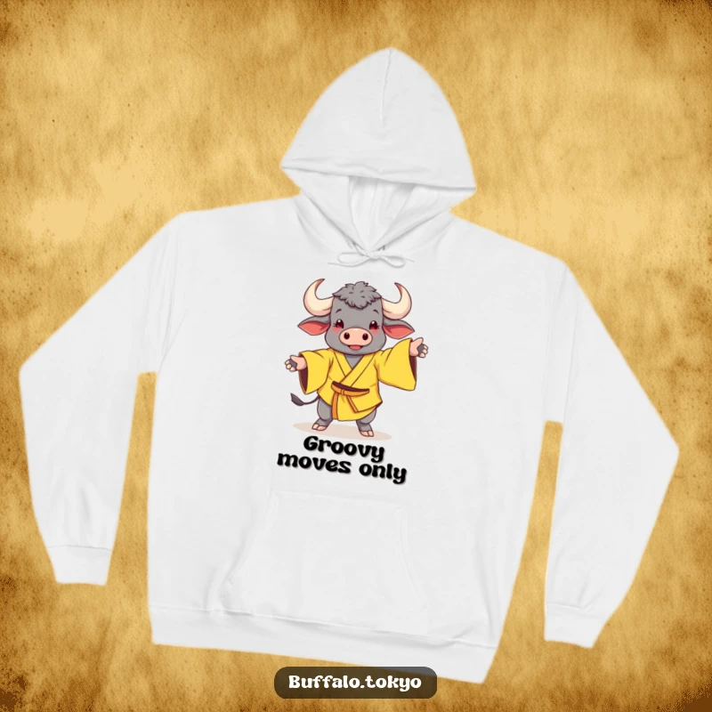 Funny Hoodie: A cheerful buffalo in a yellow kimono with wide sleeves striking a comical dance pose.