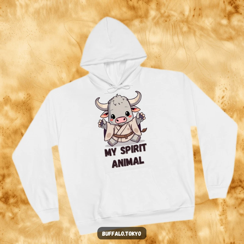 Funny hoodie featuring a stylized buffalo in a dynamic kimono, striking an action pose, perfect for fans of humor and unique apparel.