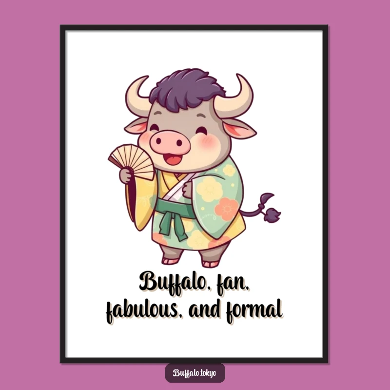 Free Printable Wall Art: Plump Buffalo in Kimono, Tossing Fan, Whimsical Decor