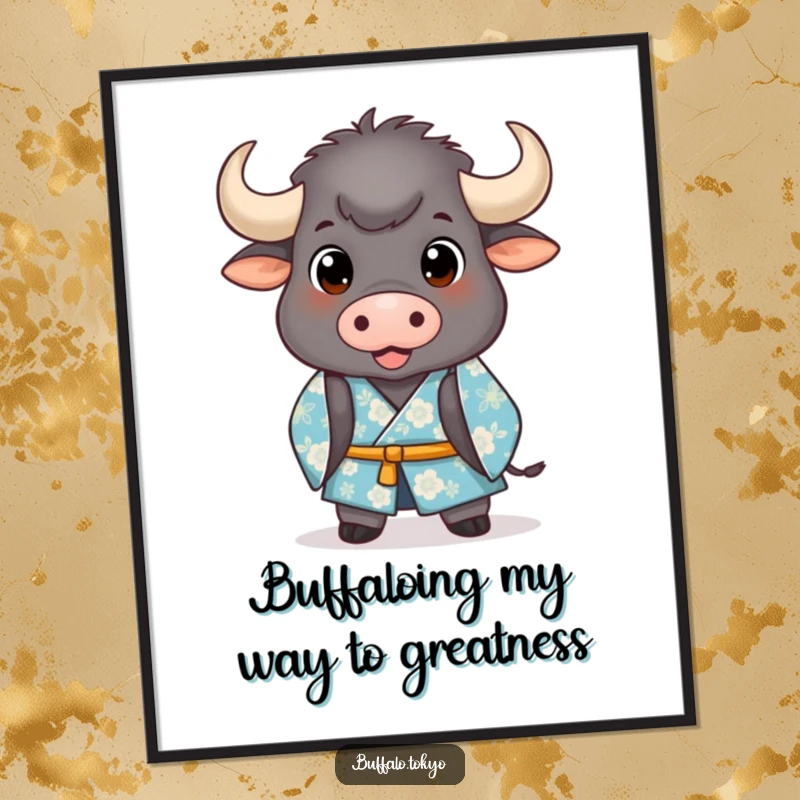 Funny Free Printable Wall Art: a stout buffalo in a blue floral kimono takes a comical, dignified bow.